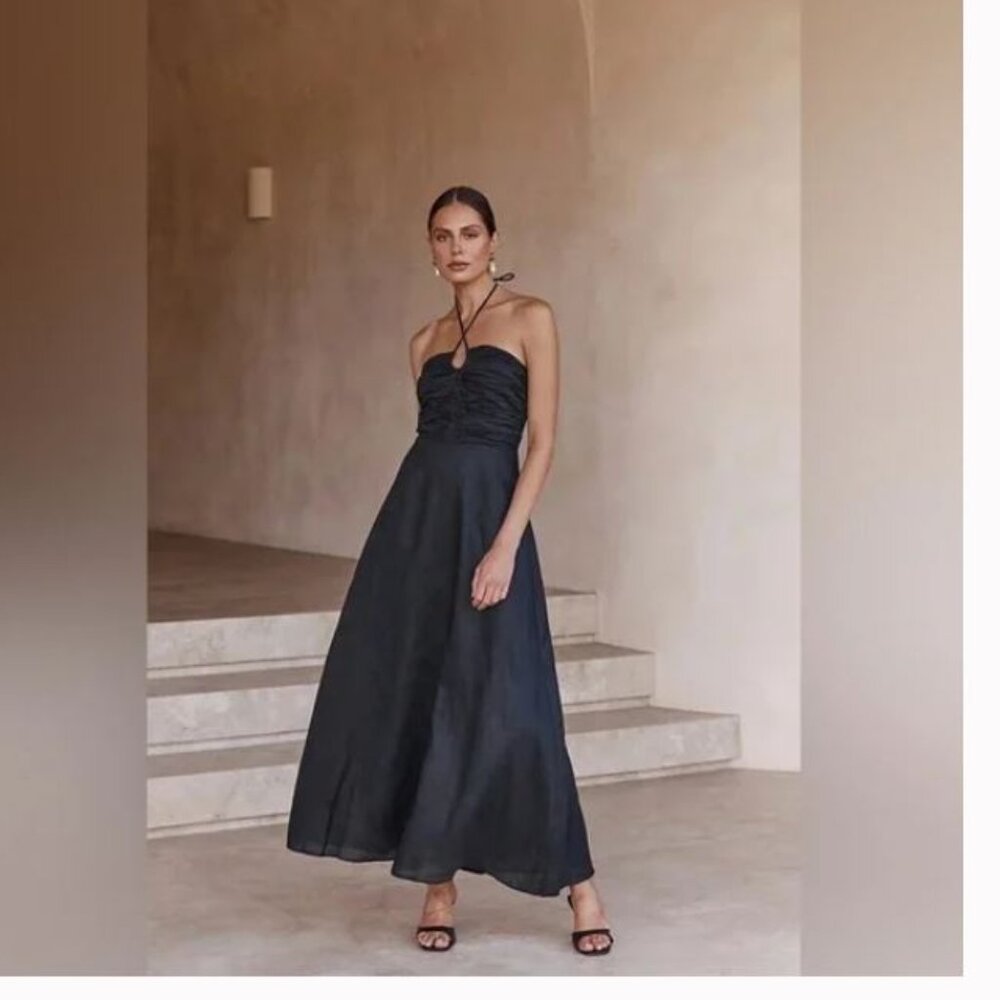 DISSH Black Strapless Ruched Halter Midi Dress